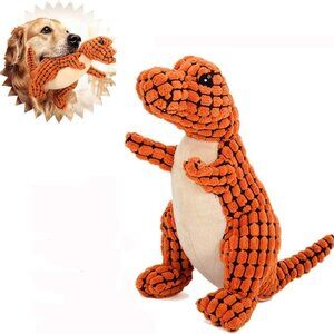 SOYATER Dino Dog Stuffed Plush Squeaky Toy Orange Dinosaur NEW 8"